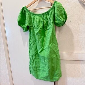 New NWT Nasty Gal Bardot green puff sleeve smocked linen mini dress 14